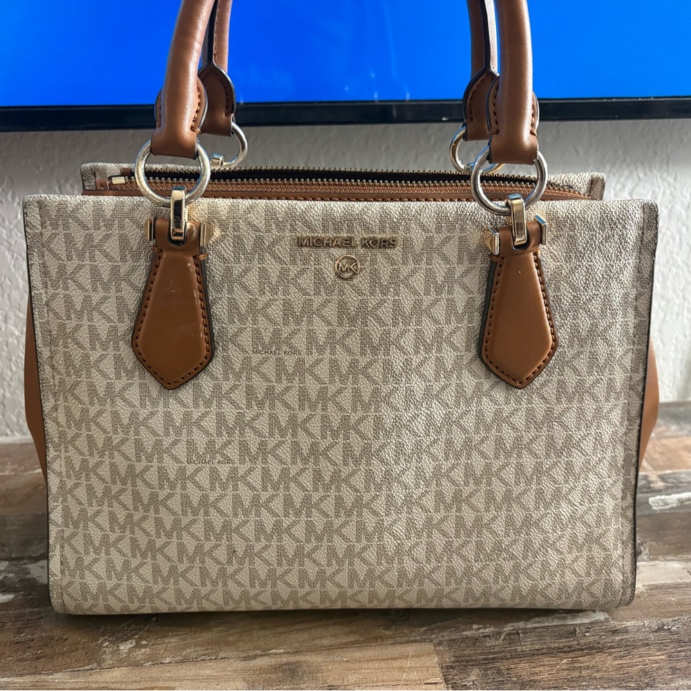 Michael Kors Beige MK Monogram Satchel with Brown Trim